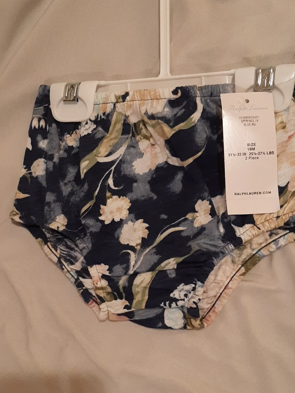 Ralph Lauren 18M Navy and Cream Floral Smocked Dress,Matching Diaper Cover NWT
